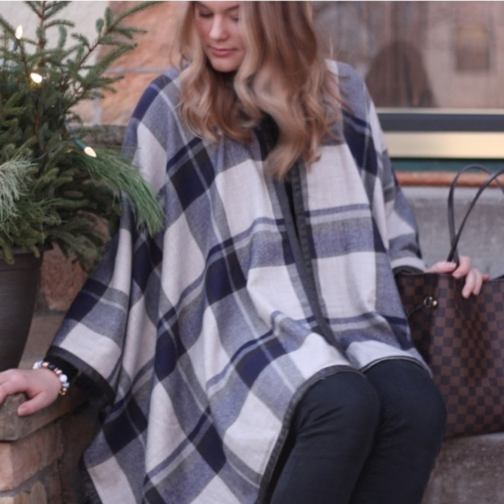 H&M plaid leather trimmed cape